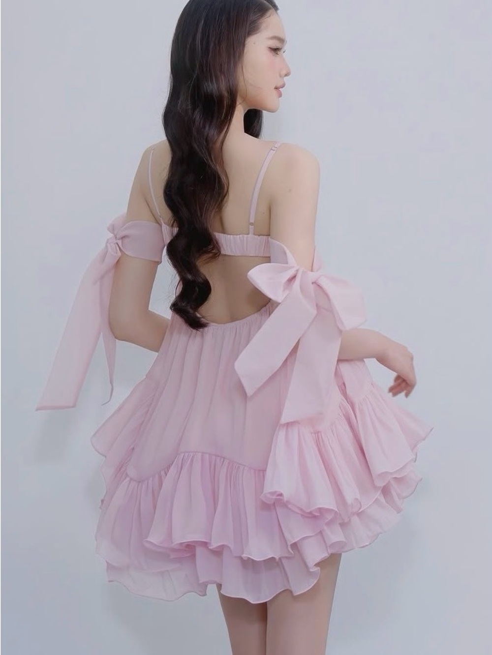 Soft Pink Ruffle Bow-Sleeve Mini Dress